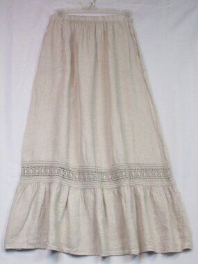 Terzo Millennio Skirt Beige Italy Boho Midi Elastic Waist Lace Trim Linen S/P